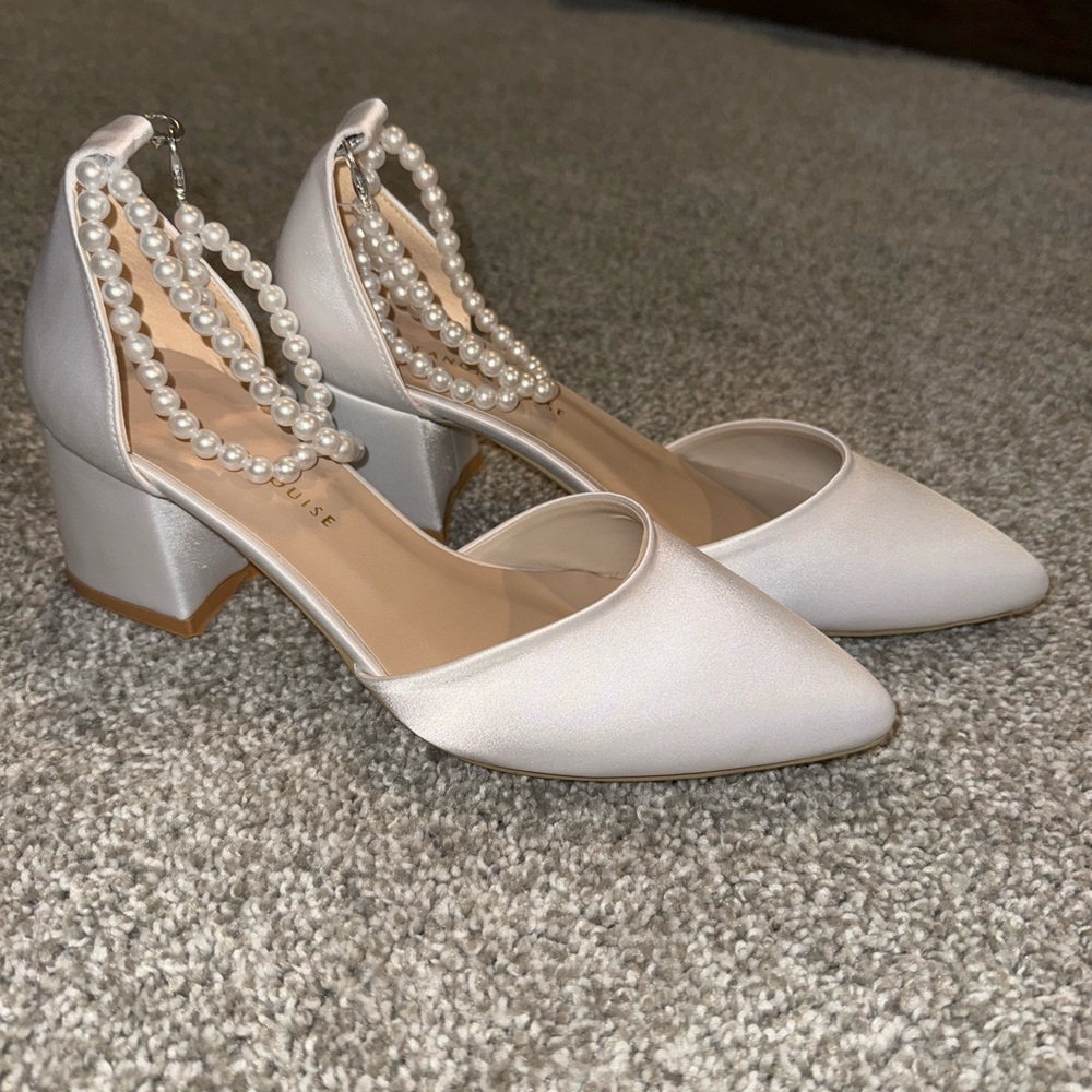 Pearl-Embellished Ivory Block Heel Pumps